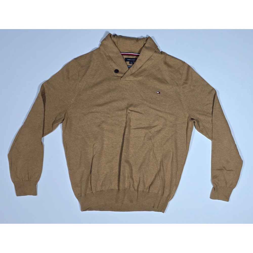 Tommy Hilfiger Mens Shawl Collar Premium Cotton Sweater Tan Brown Large